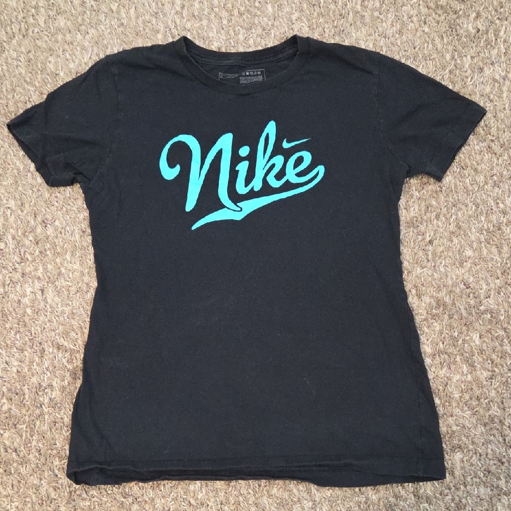 Nike Black Tee with Vibrant Teal Script